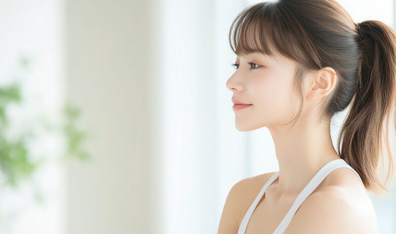 横顔の女性が静かに微笑む清潔感のあるポートレート。明るい空間で整った姿勢が印象的