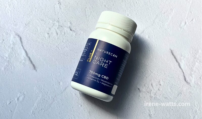 NaturecanのCBDナイトケアカプセルの実物写真。750mgCBD配合。睡眠サポート用サプリメント。