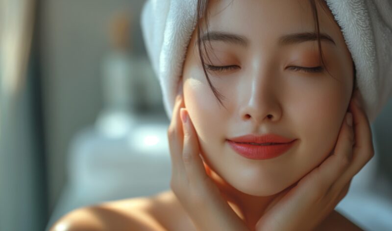 入浴後の肌を整え、しっとりとした表情を見せる女性の写真。肌がうるおいを取り戻した状態をイメージしています。