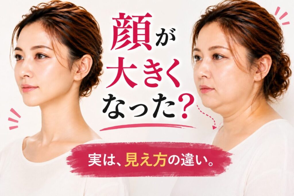 同じ女性でも髪型や姿勢、肌の印象によって顔の大きさの見え方が変わる比較画像