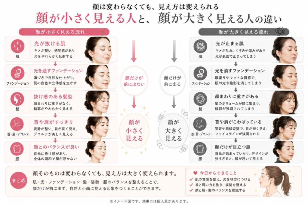 顔が小さく見える人と顔が大きく見える人の違いを、肌・ファンデーション・髪型・姿勢・服装から比較した図解
