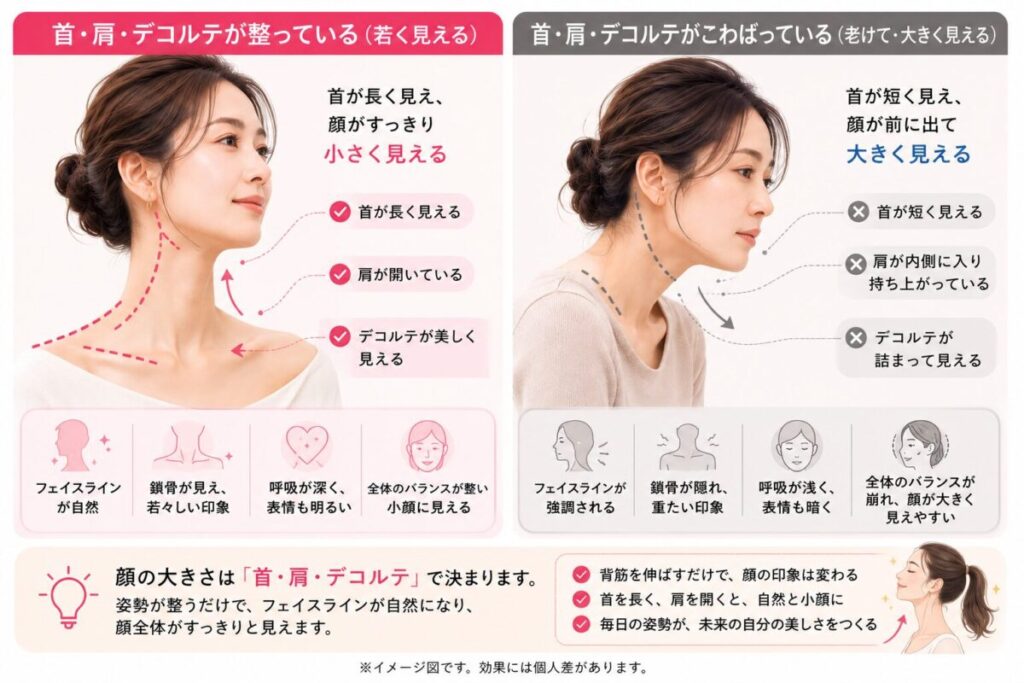 首・肩・デコルテのバランスによる顔の見た目印象の違いの比較画像